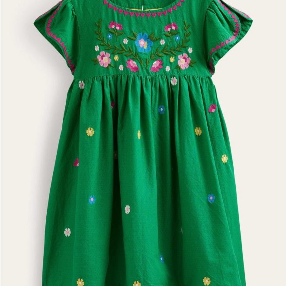 Mini Boden Floral Embroidered Green Kids Dress size 3-4Y
